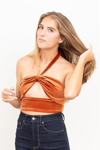 Velvet Cut Out Halter Top RUST