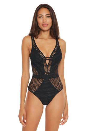 Color Play Plunging One Piece Swimsuit BLACK