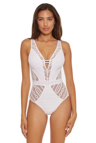 Color Play Plunging One Piece Swimsuit WHITE