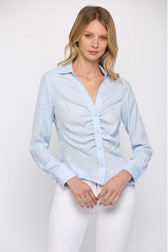 Ruched Button Down Long Sleeve Top PASTEL BLUE