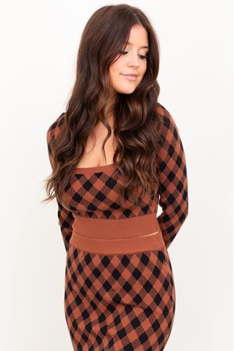 Gingham Square Neck Sweater BLACK-BROWN