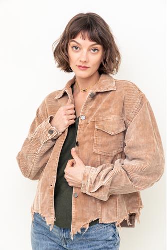 Cord Button Up Frayed Hem Jacket TEDDY
