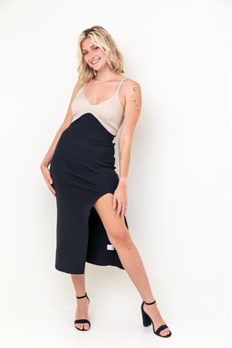 Colorblock Rib Cami Midi Dress With Slit BLACK-TAUPE