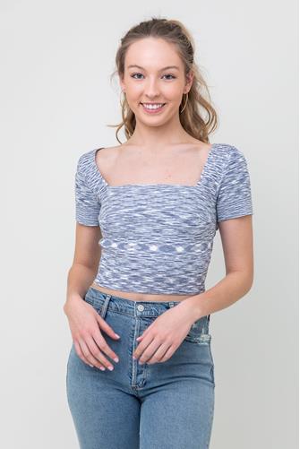 Ribbed Knit Short Sleeve Tie Detail Top LITE BLUE