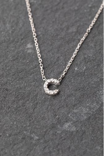 Silver Lowercase Pave Initial Necklace LETTER C