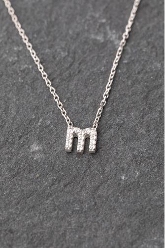 Silver Lowercase Pave Initial Necklace LETTER M