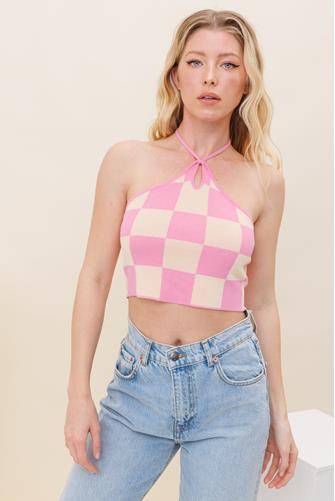 Checkered Print Knit Halter Top PINK MULTI