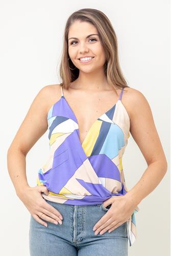 Geo Print Surplice Side Tie Tank BLUE MULTI
