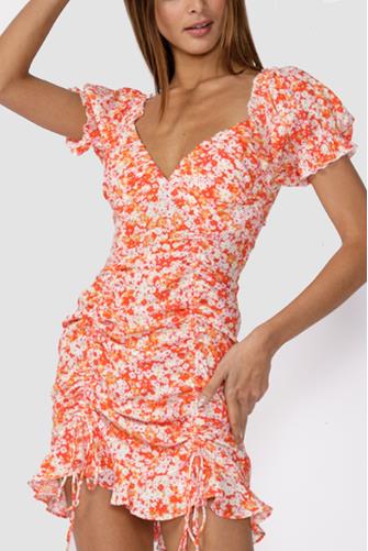 Floral Ruched Dress Red