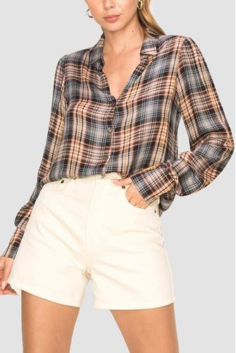 Plaid Button Front Top Brown