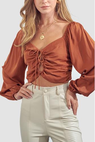 Tie Front Puffy Sleeve Top Tan