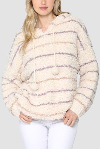 Fuzzy Striped Hooded Sweater White