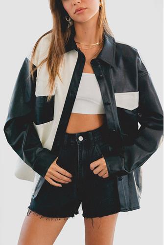 Faux Leather Colorblock Shacket Black/White