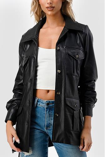 Faux Leather Trench Coat Black