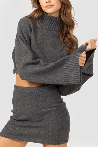 Tie Front Turtleneck Sweater Charcoal