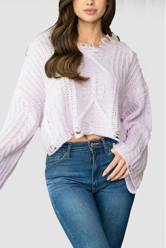 Distressed Cable Knit Sweater Lilac