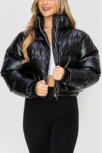 Faux Leather Puffer Jacket Black