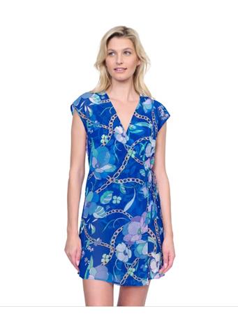 GOTTEX - Memories of Capri Short Surplice Wrap Dress Swim Cover Up BLUE MULTI