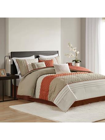 MADISON PARK - Jenson 7 Piece Color Block Stripe Comforter Set with Throw Pillows SPICE