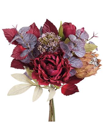 ALL STATE FLORAL - 14" Peony, Protea & Eucalyptus Leaf Silk Flower Bouquet BURGUNDY