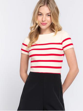 ACTIVE BASIC - Short Sleeve Boat Neck Stripe Fitted Spring Sweater RED/CREAM