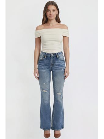 YMI - Women's Bootcut Jeans with Cross Hatch Detail MED WASH DISTRESSED