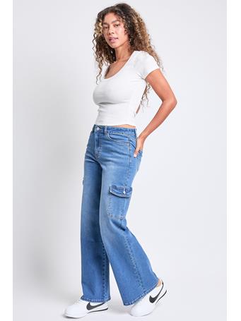 YMI JEANSWEAR - Women's High Rise Wide Leg Skater Cargo Jeans MED WASH
