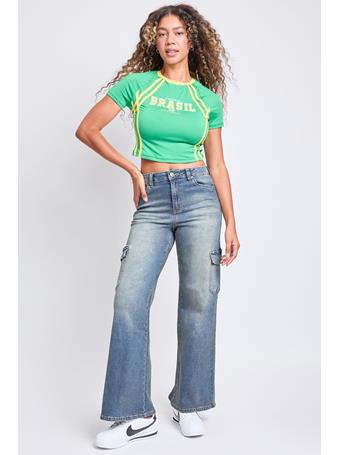 YMI JEANSWEAR - Women's High Rise Wide Leg Skater Cargo Jeans LIGHT WASH