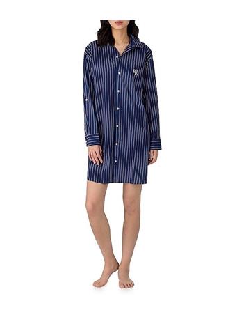 RALPH LAUREN - Stripe Print Long Sleeve Roll Tab Notch Collar Woven Nightshirt DKBL/STP