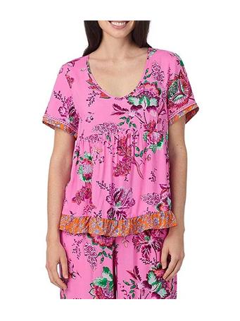 40 WINKS - Bohemian Floral Print Short Sleeve V-Neck Coordinating Sleep Top FUSIA/PT