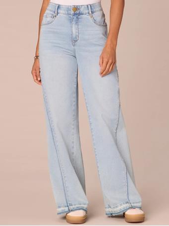 DEMOCRACY - "Ab"solution Skyrise Diagonal Fray Panel Released Hem Wide Leg Jeans LIGHT BLUE