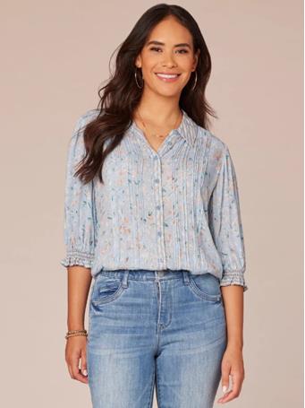 DEMOCRACY - Elbow Sleeve Pintuck Picot Button Front Placement Print Woven Shirt BLUE CRUSH MULTI