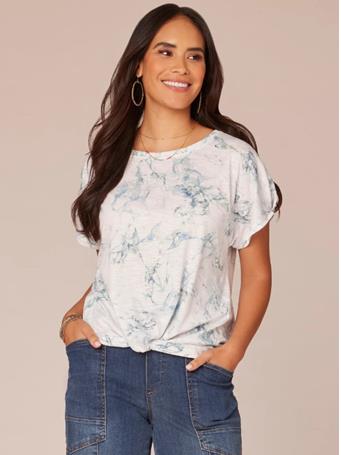 DEMOCRACY - Short Pleated Sleeve Scoop Neck Marble Print Knit Top with Twist Hem BLUE CRUSH MULTI