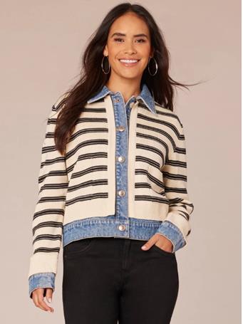 DEMOCRACY - Long Sleeve Button Front Mixed Media Stripe Jacket OFF WHITE/NAVY