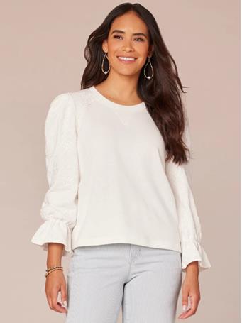 DEMOCRACY - Three Quarter Flounce Sleeve Scoop Neck Embroidered Knit Sweatshirt OFF WHITE