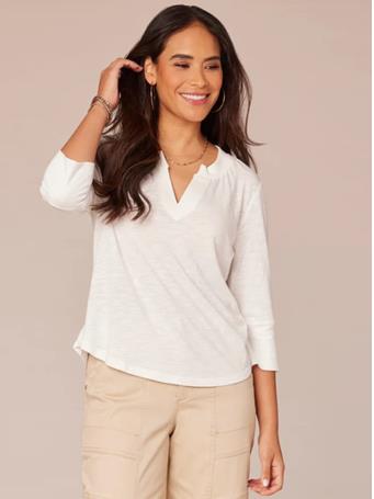 DEMOCRACY - Elbow Roll Cuff Sleeve Split V-Neck Surplus Hem Knit Top OFF WHITE