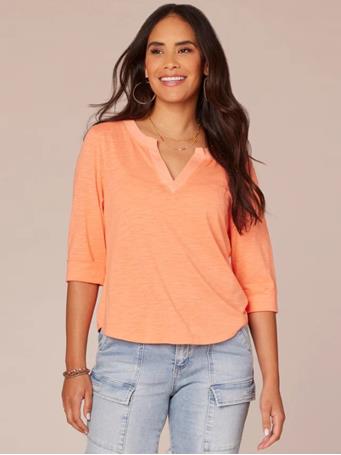 DEMOCRACY - Elbow Roll Cuff Sleeve Split V-Neck Surplus Hem Knit Top NECTARINE