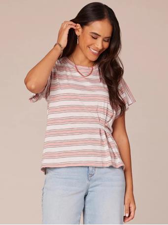 DEMOCRACY - Short Sleeve Crew Neck Side Pleat Stripe Print Knit Top OFF WHITE/WINTER MELON