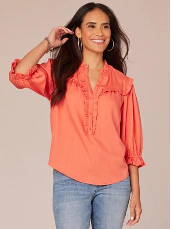 DEMOCRACY - Elbow Lantern Sleeve Split V-Neck Ruffle Edge Placket Woven Shirt CORAL