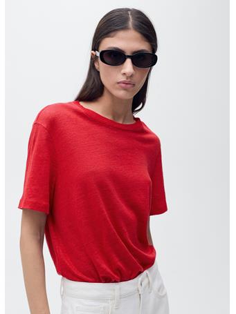 MANGO - Short-sleeved Linen T-shirt BRIGHT RED