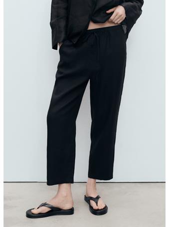 MANGO - Straight Cropped Linen Trousers BLACK