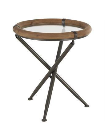UMA HOME DECOR  - Brass Metal Round Side End Accent Table with Brown Wooden Framed Glass Tabletop BEIGE