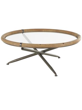 UMA HOME DECOR - Brass Metal Round Living Room Coffee Table with Brown Wooden Framed Glass Tabletop BEIGE