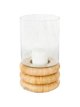 UMA HOME DECOR - Clear Glass Round Room Hurricane Lamp with Light Brown Woven Base BEIGE