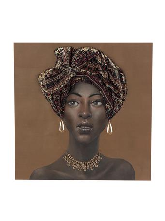 UMA HOME DECOR - Brown Canvas Woman Decorative Wall Art with 3D Fabric Headwear And Gold Jewels BROWN