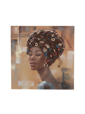 UMA HOME DECOR - Brown Canvas Woman Decorative Wall Art with 3D Fabric Headwear And Gold Jewels BROWN