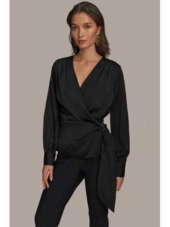 DONNA KARAN - Faux Wrap Top With Side Tie BLACK