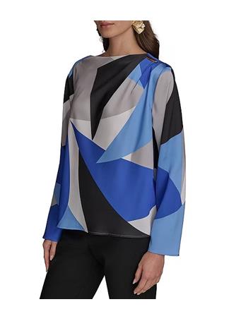 DONNA KARAN - Gold Shoulder Hardware Geometric Printed Boat Neck Long Sleeve Top CIELO MLT