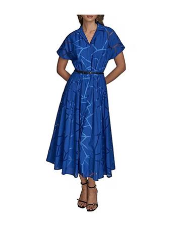 DONNA KARAN - Burnout Notch Collar Short Sleeve Belted Button Front Midi Dress MARBELLA