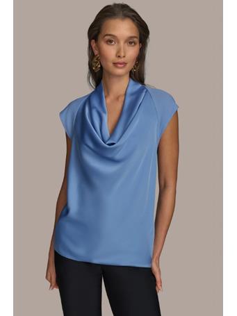 DONNA KARAN - Sleeveless Cowl Neck Mix Media Blouse CIELO